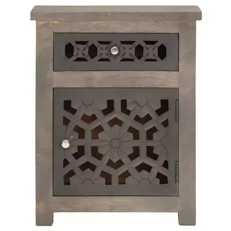 vidaXL Solid Mango Wood Bedside Cabinet - Brown, Classic Style, Carved Flower Design, Nightstand/Side Table with Drawer and Cupboard
