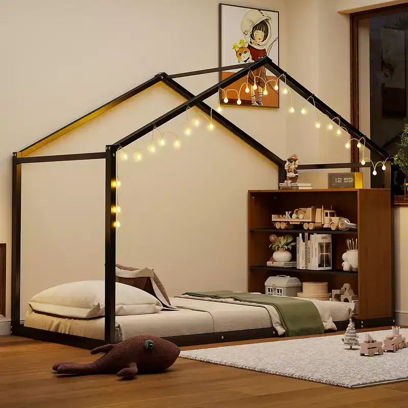 Metal House Bed for Kids, Floor Bed Frame with Shelves and Lights for Kids and Adults