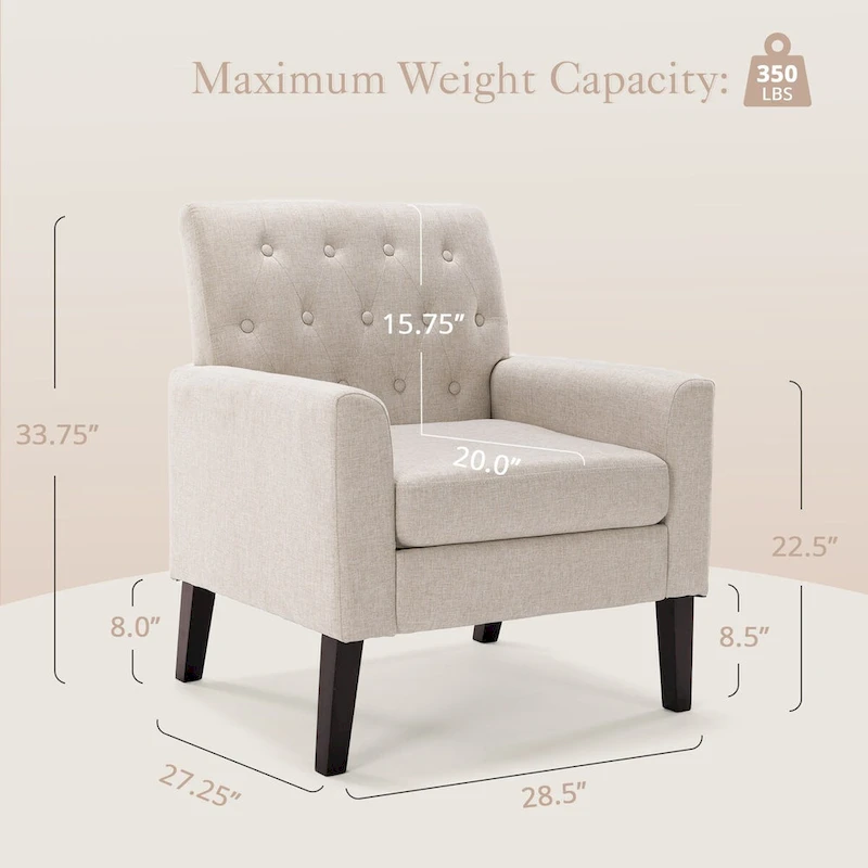 LUE BONA Mid-Century Modern Upholstered Linen Fabric Button Tufted Accent Chair Set of 2 - 28.5 W X 27.25 D X 33.75 H
