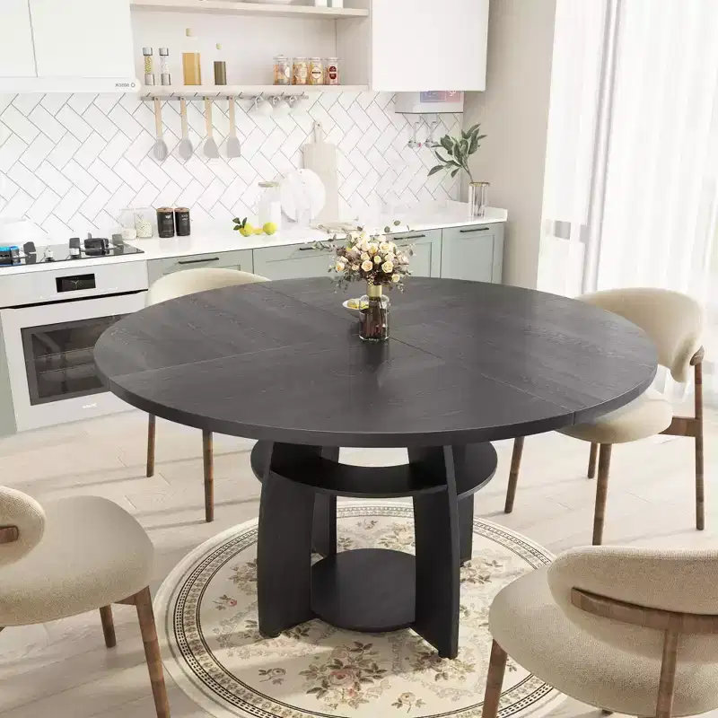 Farmhouse 47 Round Dining Table for 4-6,Wood Kitchen Table with Storage Shelf & Adjustable Feet,Easy Assembly for Dining Room, Living Room,Apartment