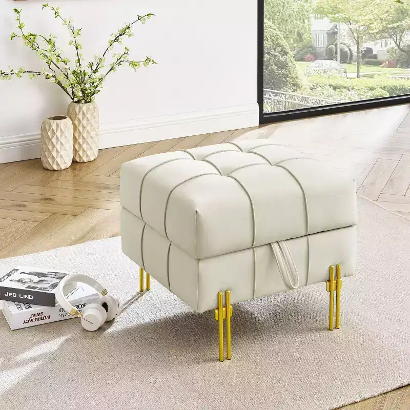 Beige Square Tufted Storage Ottoman with Gold Legs – Single Seat