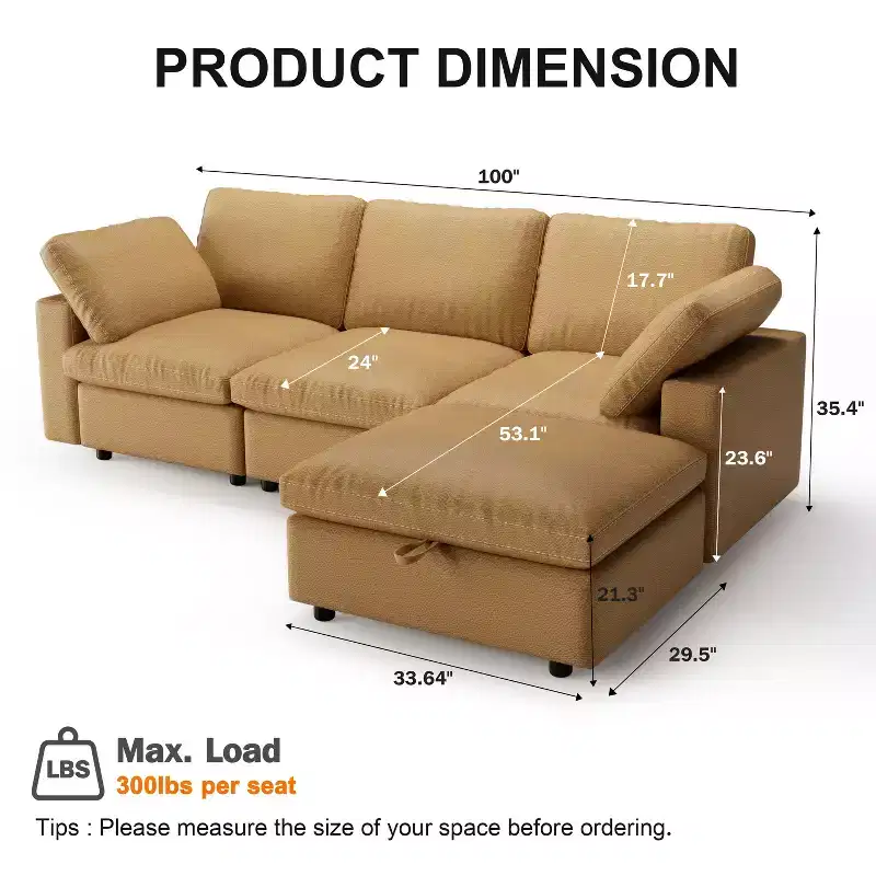 Dyonery 100 Faux Leather Cloud Sofa with Ottoman, L-Shaped Modular Sectional CouchesPet-Friendly Scratch Resistant PU Fabric,Tool Free Assembly