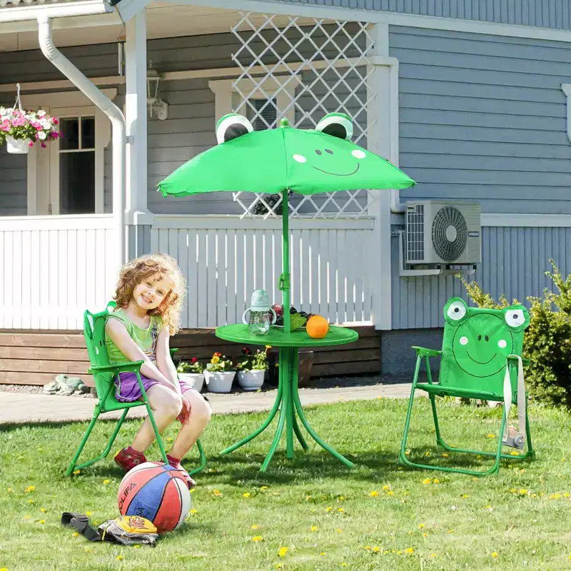 Folding Kids Outdoor Picnic Table and Chair Set with Umbrella 4-Piece Green