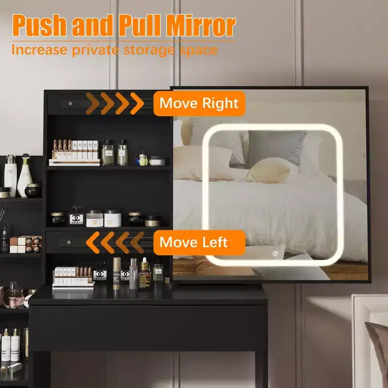 GustoWave Vanity Desk with LED Lights, Makeup Vanity Desk with Sliding Lighted Mirror, Charging Station, Dressing Table