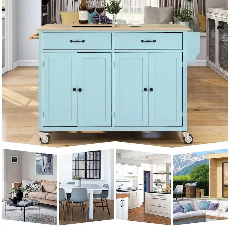 Kitchen Island Cart with Solid Wood Top, Locking Wheels, Spice & Towel Rack