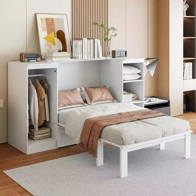 Twin Size Murphy Bed with Drawers and Wardrobe,Space-Saving Murphy Bed Twin with Drawer,Cabinet Murphy Bed, Foldable Bed Murphy Bed Chest White