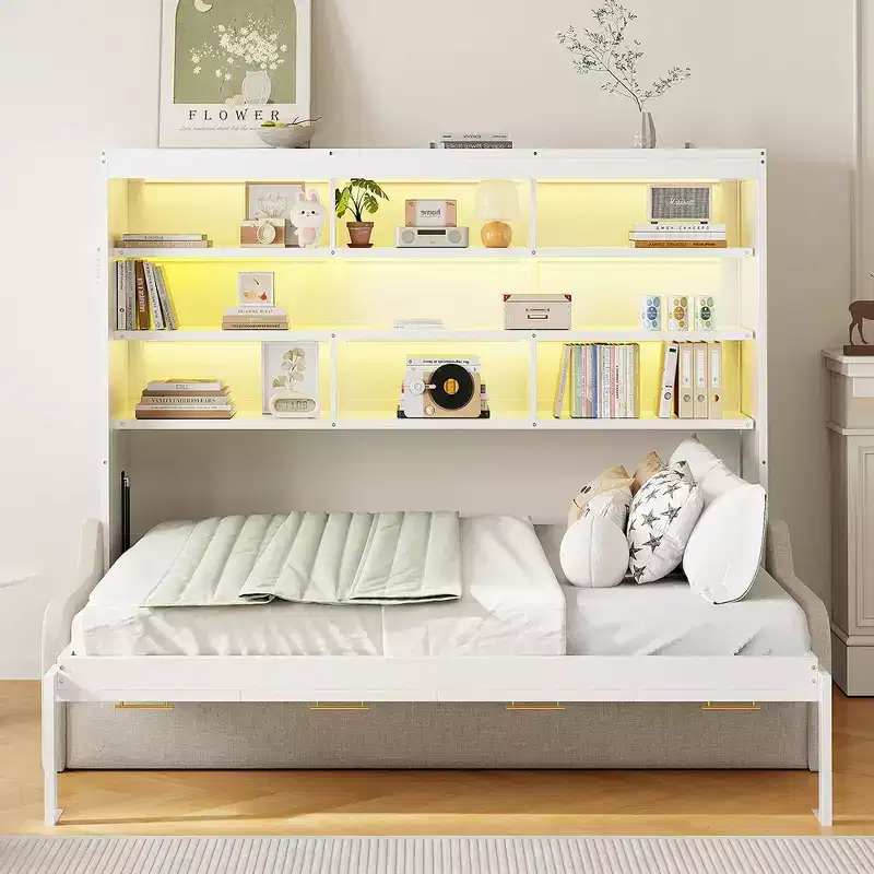 Whisen Wood Queen Size Murphy Cabinet Bed with Folding Sofa,Built-in Storage Shelves and LED Light