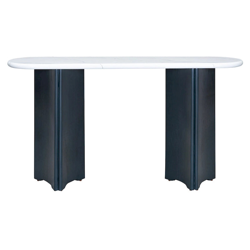 Oval Faux Marble Top Console Table Entryway Table, Narrow Sofa Table Hallway Accent Table with Triangular Base