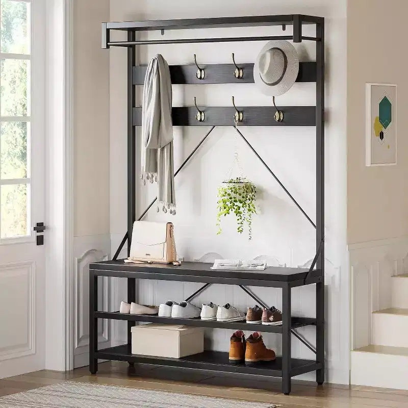Coat Rack with Shoe Rack & Bench, Hall Tree Storage Bench with 8 Hooks, Large Coat Rack with Shoe Bench for Hallway, Living Room, Bedroom