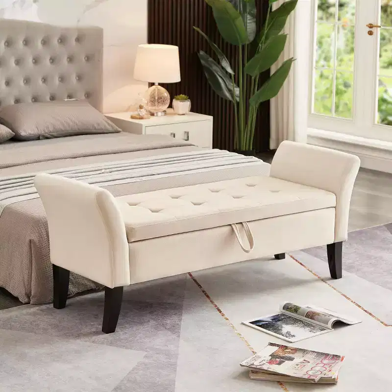51.5 upholstered storage bench with button-tufted seat & safety hinge, luxury shoe bench for entryway, bedroom, or end of bed, beige.