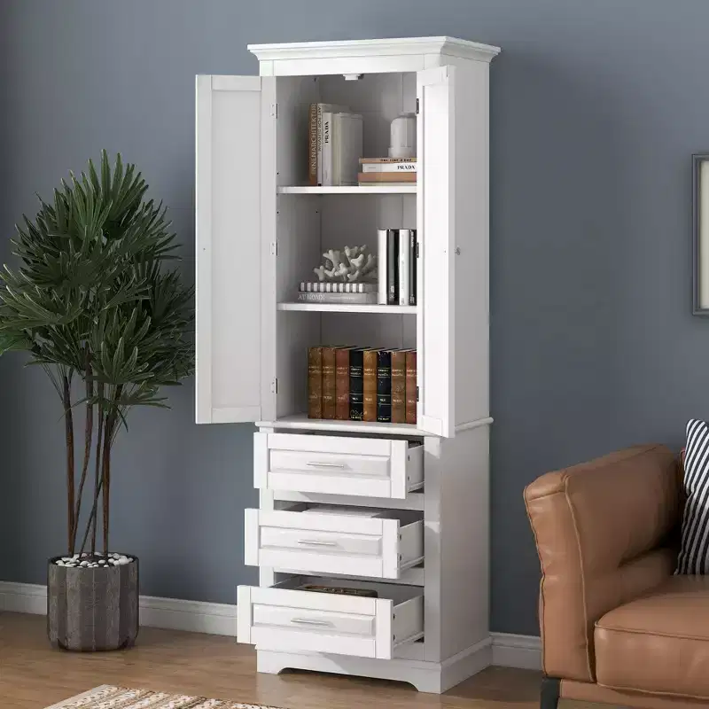 Poppy Modern Tall Wood Bathroom Storage Cabinet with 3 Drawers and Adjustable Shelved Cabinet