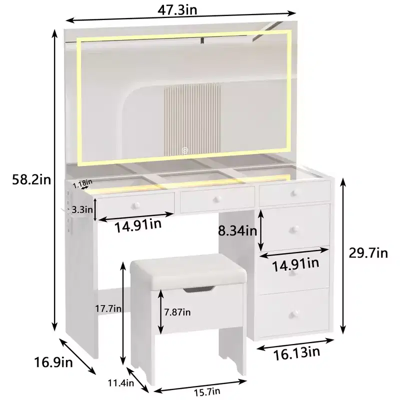 VECELO Vanity Desk Set with LED Lighted Mirror & Power Outlet, Makeup Table with Drawers, Storage Stool & Hair Dryer Stand for Bedroom, White