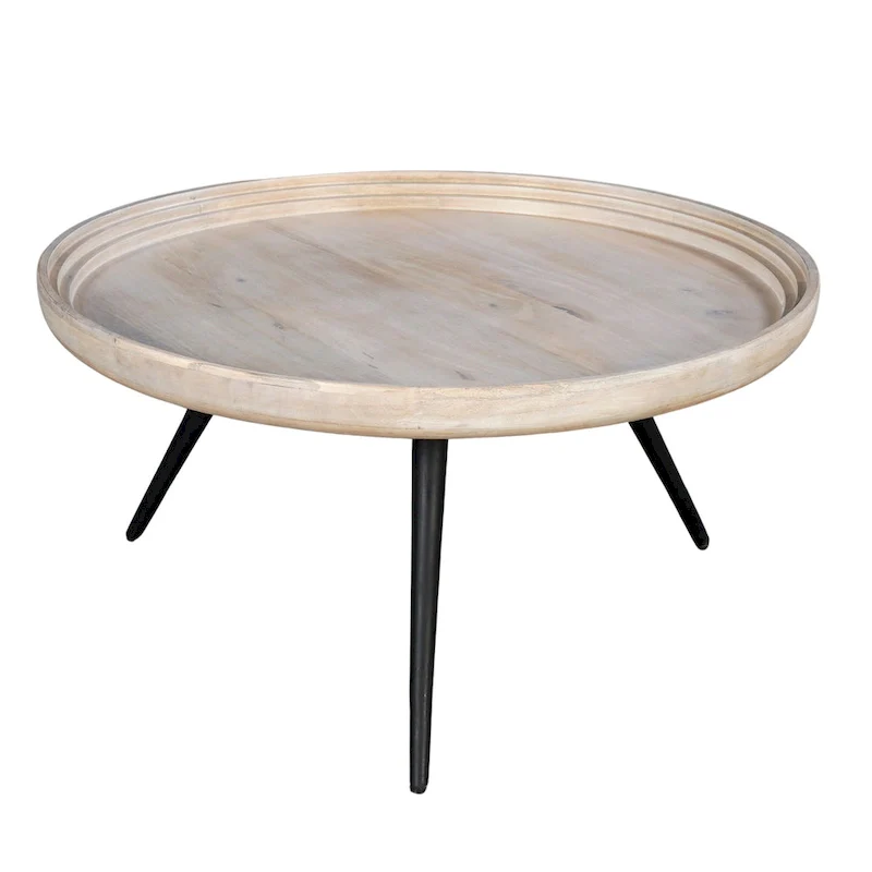 30-Inch Round Tray Top Coffee Table, Handcrafted Mango Wood, Washed White