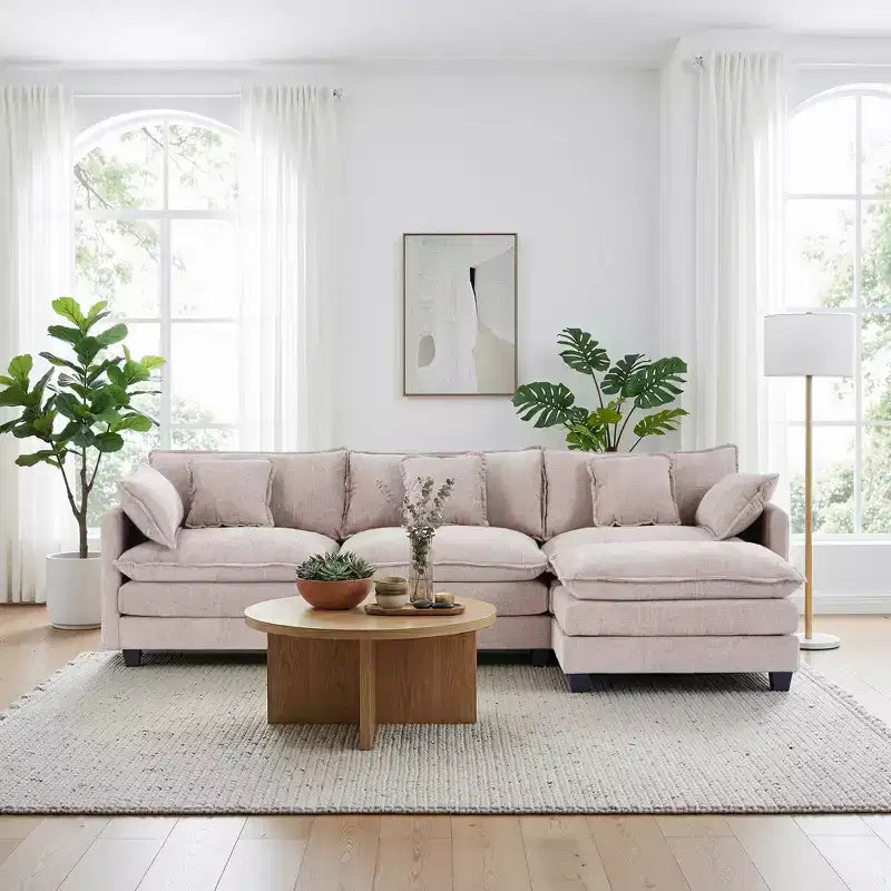 Chenille 3-Seat Sectional Sofa  Modular Deep Seat Sleeper Couch with Ottoman & Side Pocket