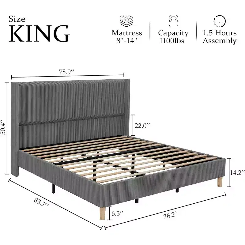 Acekool Full Size Upholstered Bed Frame, Corduroy Platform with Vertical Channel Tufted Wingback Headboard, Wood Slats, No Box Spring, Grey
