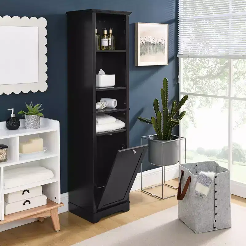 GDFStudio Helen Modern 63.8 Tall Bathroom Storage Cabinet with Adjustable Shelves, Laundry Hamper and Hidden Clothes Storage