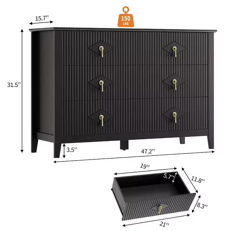 48 Wide 6-Drawer Dresser, Modern Chest with Metal Handles for Bedroom Storage, Black