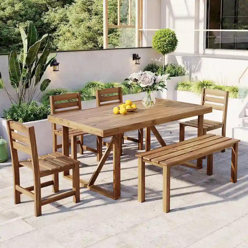 Acacia Wood Outdoor Table and Chair Set with 4 Chairs and Bench, 6 Piece Patio Furniture Suitable for Patio 7 Pieces