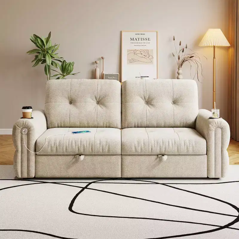 Modern 2-in-1 Convertible Sleeper Sofa Bed with Fold-Down Backrest, Soft Flannelette Pull-Out Sofa for Living Room or Guest Room