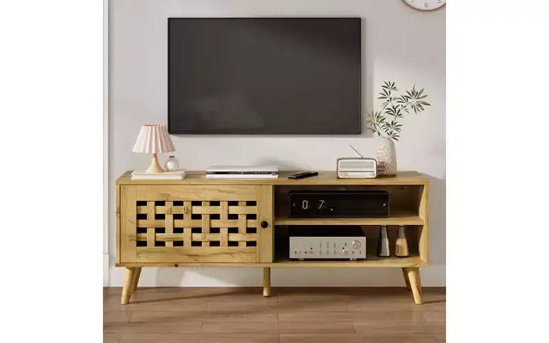 Heynemo TV Stand with Storage for 55 Inch TVs, Wood TV Entertainment Center, Mid Century Modern TV Entertainment Center with Storage, Bedroom Natural