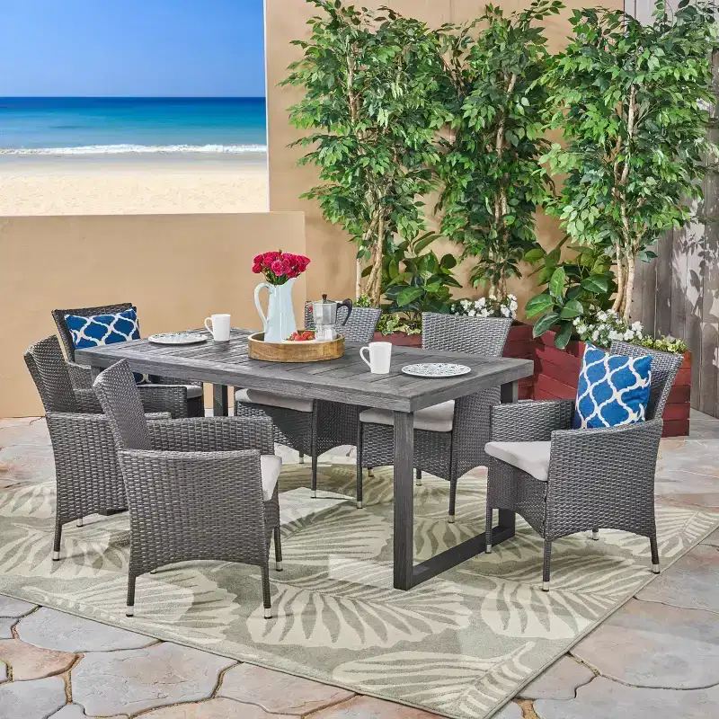 Christopher Knight Home Moralis Outdoor Acacia Wood and Wicker 7 Piece Dining Set with Cushion