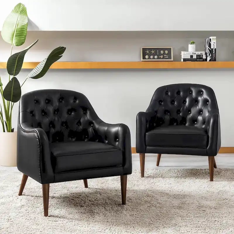 Classic Genuine Leather Barrel Chair With Wooden Legs