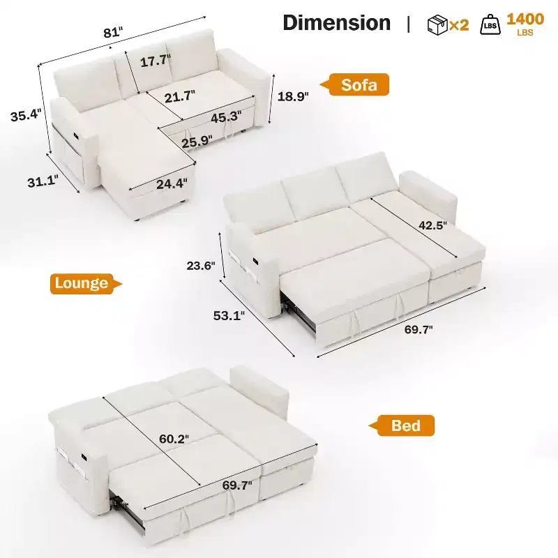 Dyonery 81 Sectional Sleeper Sofa, L-Shaped Pull Out Couch with Reversible Storage Chaise, USB, Reclining Backrest