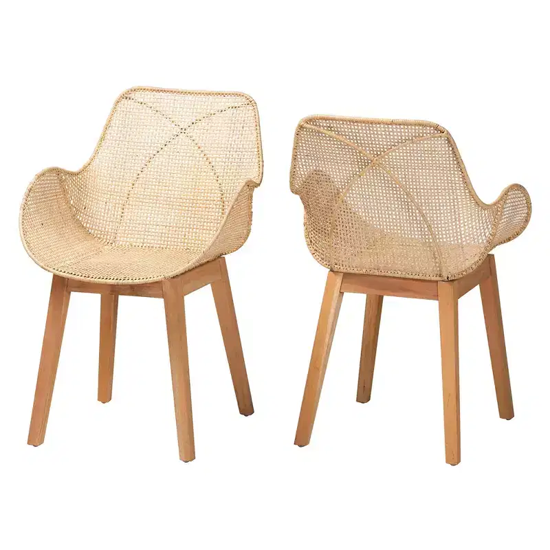 Japandi Mahogany Wood Rattan Dining Chair Set of 2 High Back Armrest Woven Seat 250 lbs