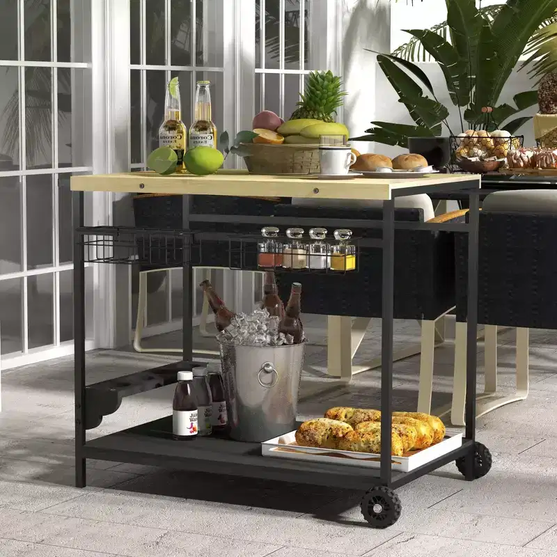 NAYSAYE Outdoor Bar Cart Rolling Serving Cart with Wheels Side Handle Baskets and Wine Holders, Natural Wood, 38.4*25.6*31.9