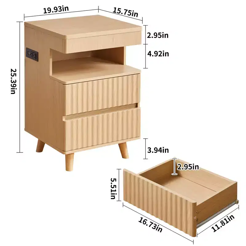 Modern USB Charging 2 Drawer with Secure Storage Nightstand for Bedroom Living Room