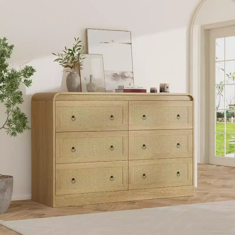 Acekool 6 Drawer Rattan Dresser Modern Chest of Drawers for Bedroom, Living Room & Hallway