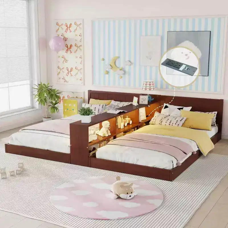 ModernLuxe Double Twin Size Bed Frame with Storage, LED Lights & Charging Station, Convertible 2 Twin Kids Beds