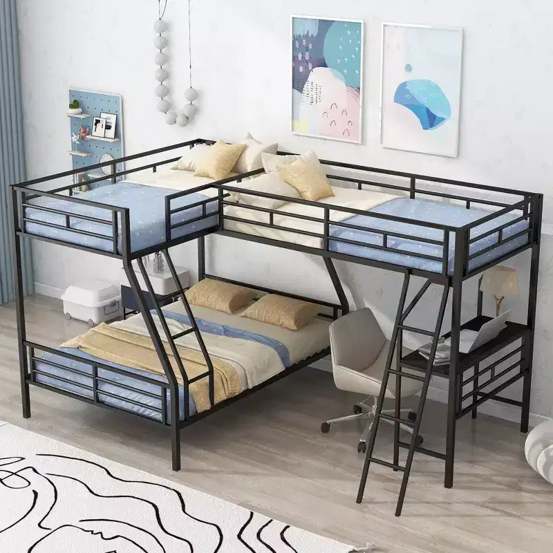Whisen 117.3L x 78W Morden Design L-Shaped Twin over Full Bunk Bed with Twin Size Loft Bed and Built-in Desk