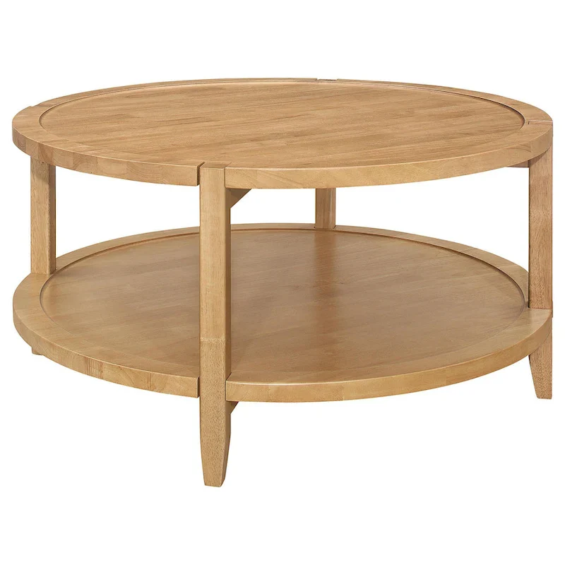 Round Coffee Table, Maple Brown, 1 Shelf, Solid Wood, 36