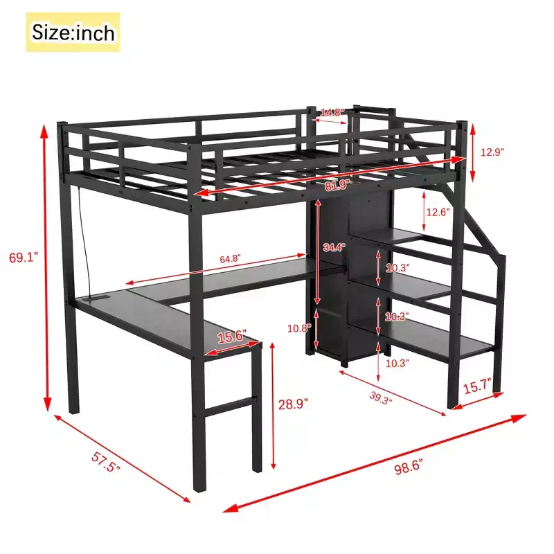 Bellemave Full XL Size Loft Bed with L-shaped Desk and USB, with Wardrobe and Adjustable Shelf, High Loft Bed with LED for Kids Teens Adults, Black