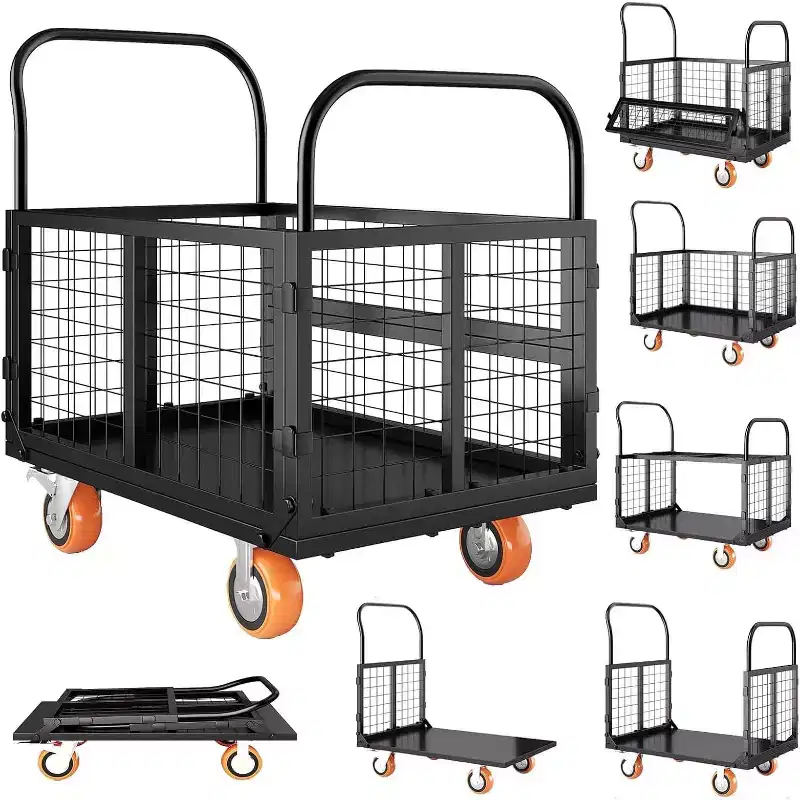 COZONY Platform Truck Cart with Cage, Hand Moving Cart 2000LBS, 6-in-1 Folding Hand Truck Cage Carts w/ Basket for Warehouse Moving,39 x 24in,Black