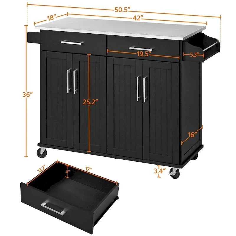 Large Kitchen Island Cart with Stainless steel tabletop