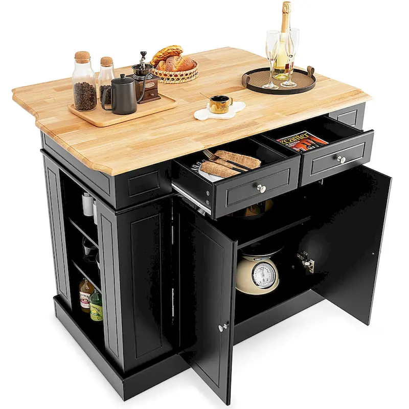 Gymax Large Kitchen Island Drop Leaf Breakfast Bar w/ Wood Top Shelves