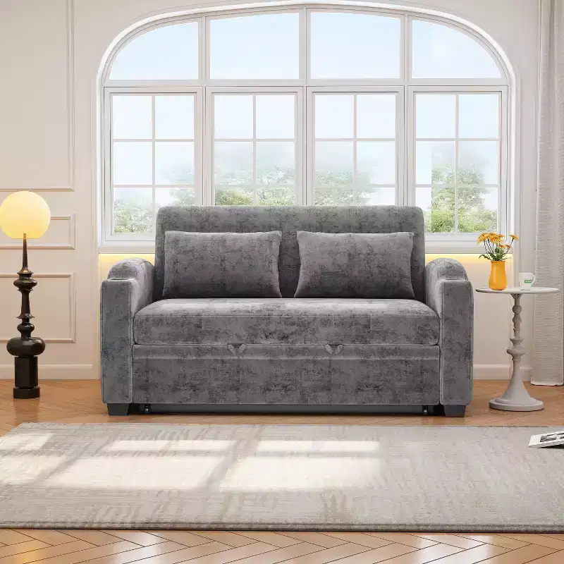 61.6 Modern Chenille Convertible Sofa Bed with USB Ports, Cup Holders & Adjustable Backrest for Living Room, Apartment