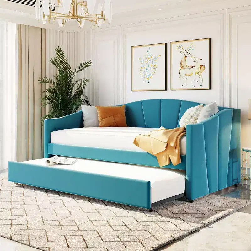 Upholstered Daybed Sofa Bed Twin Size With Trundle Bed and Wood Slat Blue