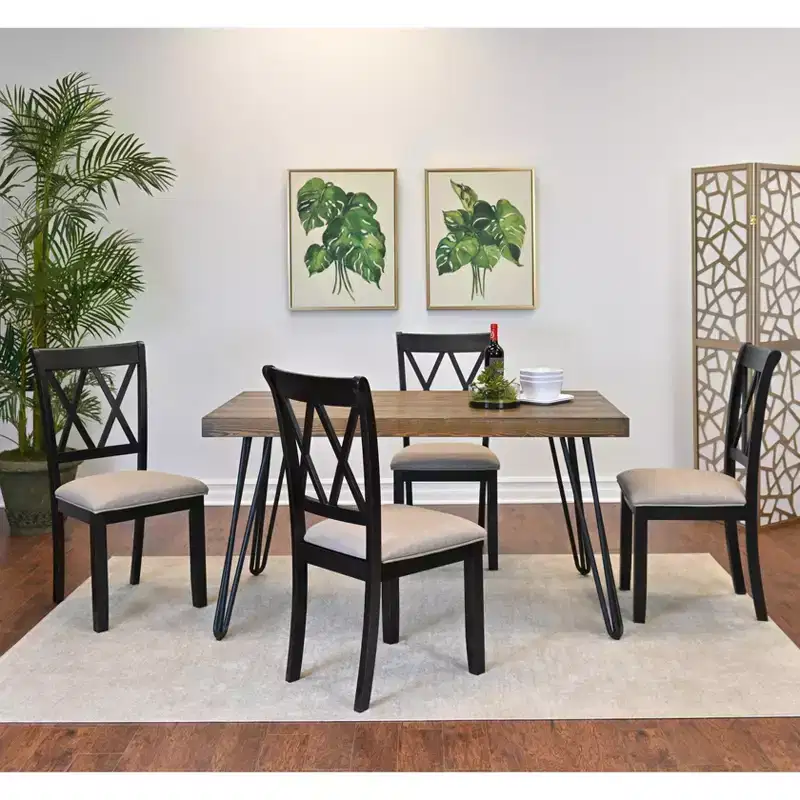 Roundhill Furniture Arroyo Dining Set, Hairpin Dining Table with 4 Cross-back Chairs, Rich Black, 5-Piece