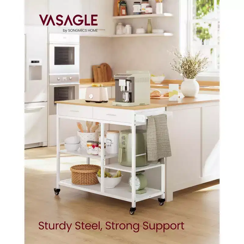 Mobile Kitchen Island Cart with 2 Drawers and Towel Rack, 38.8 Inch Rolling Storage Cart with Locking Wheels, Oak Beige and White