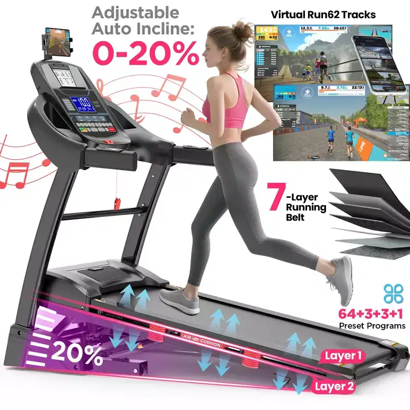 Treadmill Clearance: 4.5HP Portable Folding Treadmill for Home, 20% Auto Incline, 71Programs, App Control, 12MPH, 300lbs Capacity, Bluetooth Speakers