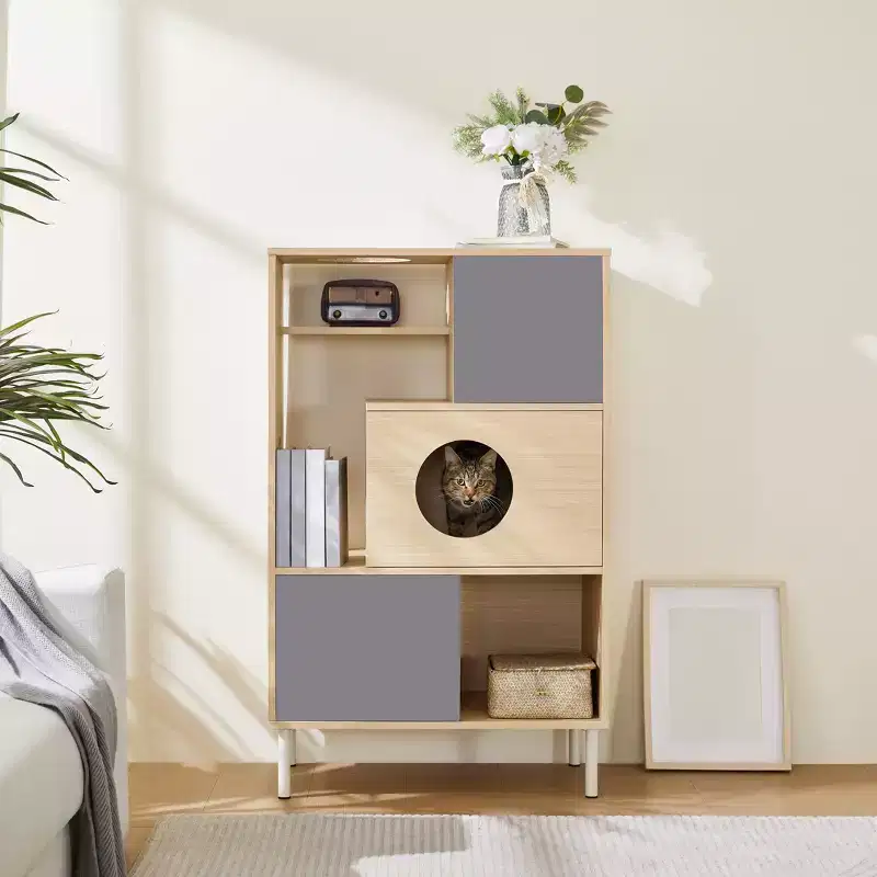 44.5 Tall Bookcase with Storage, Furniture Style Cat Tree Tower, Freestanding Display Cat Tree, Multifunctional Open Bookshelf for Home