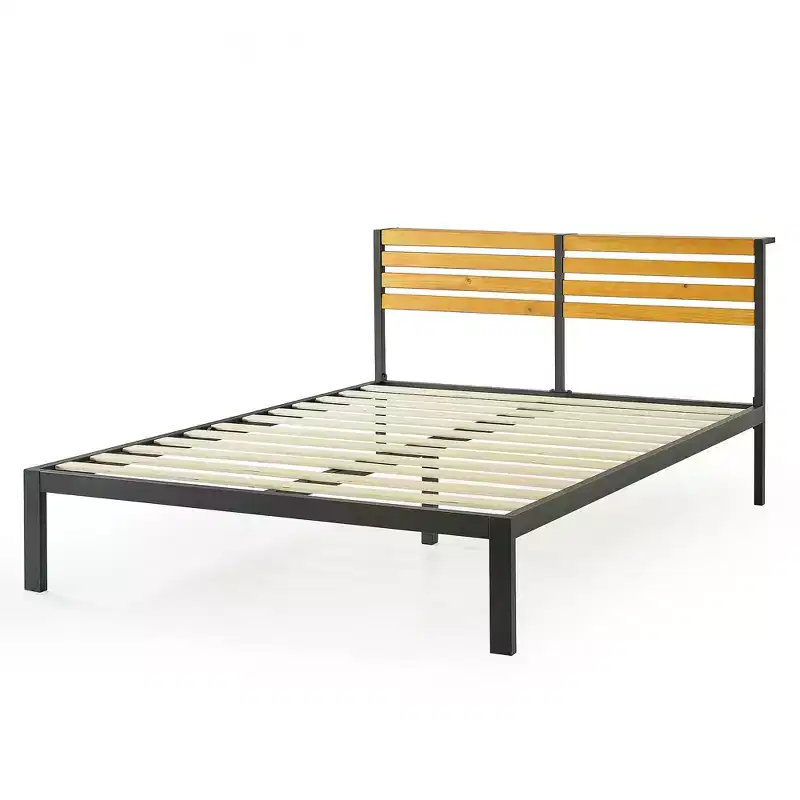Mellow KASI Metal & Wood Platform Bed Frame with Built-In Headboard Shelf