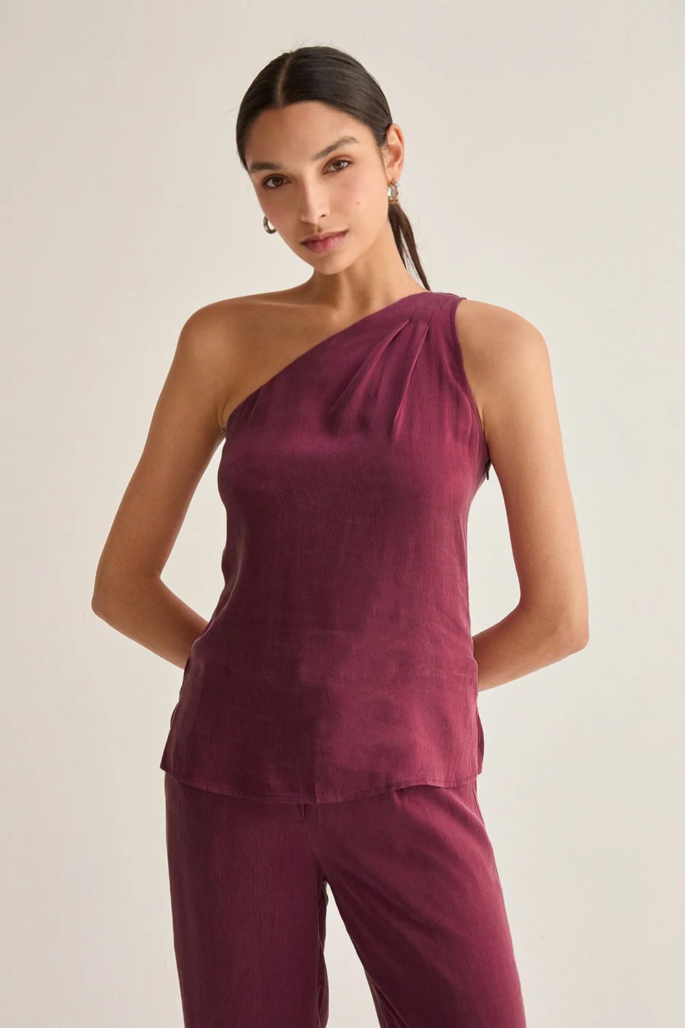 One Shoulder Cupro Sleeveless Blouse with Pleat Detail