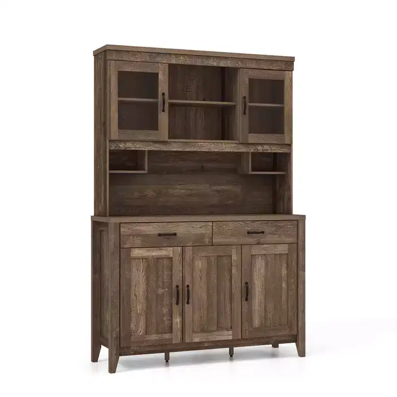 Costway Kitchen Pantry Cabinet with Microwave Countertop Double Glass Doors 2 Drawers