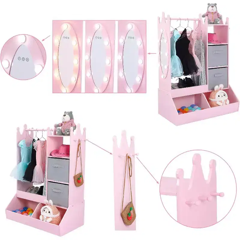 Girls' Dress Up Storage Wardrobe with Lighted Mirror, Toy Organizer