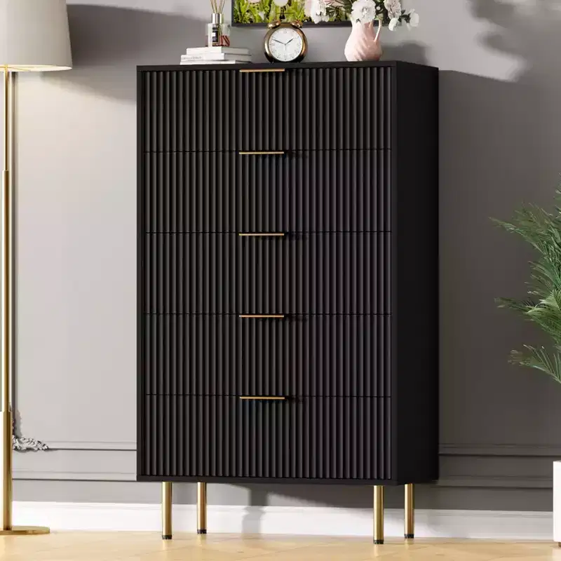 Fluted 5-Drawer Wood Dresser, Tall Chest of Drawers for Bedroom, Black