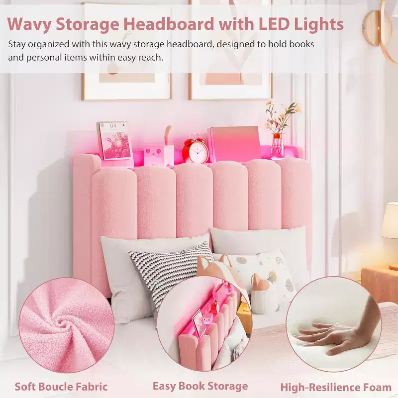 Full Size Girls Platform Bed with Wavy Headboard, 2 Drawers & RGB LED Lighting, Boucle Upholstered